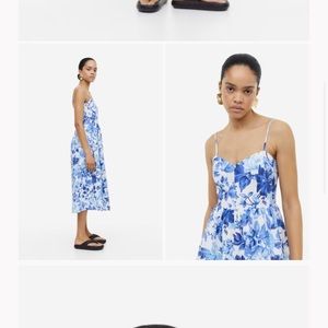 Blue floral midi Linen-blend Dress